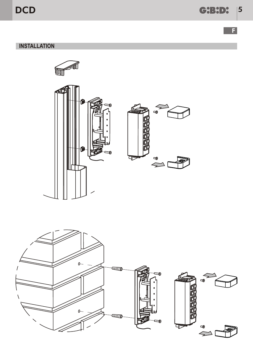 Plan de montage du clavier : fixation sur poteau (profilé) et fixation murale, avec étrier de support, vis et bouchons de fermeture.