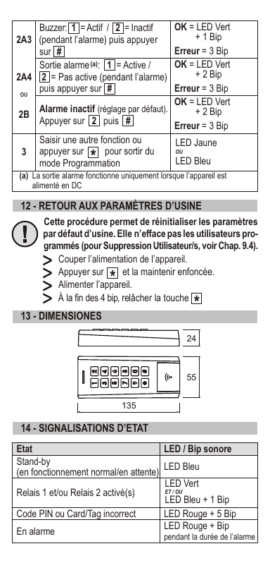 Dimensions du clavier DCD300 (55 x 135 x 24 mm)