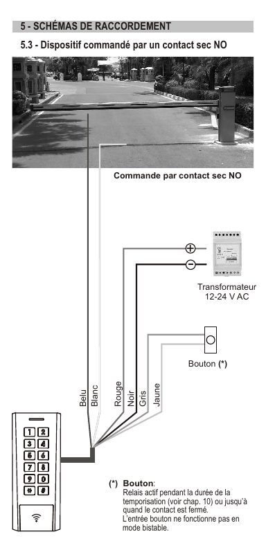 Schéma de raccordement d'un dispositif commandé par contact sec NO (fils Bleu, Blanc, Rouge, Noir, Gris, Jaune ; transformateur 12-24 V AC, bouton)