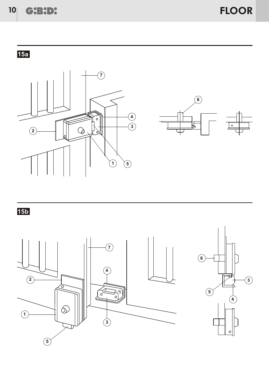 Figures 15a et 15b — Montage de la serrure électrique sur le portail avec ses composants (repères 1 à 7).