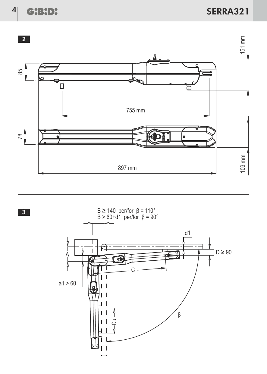 Schéma 2 : dimensions de l'opérateur — longueur totale 897 mm, course 755 mm, hauteurs 85 mm / 78 mm, largeurs 151 mm / 109 mm.