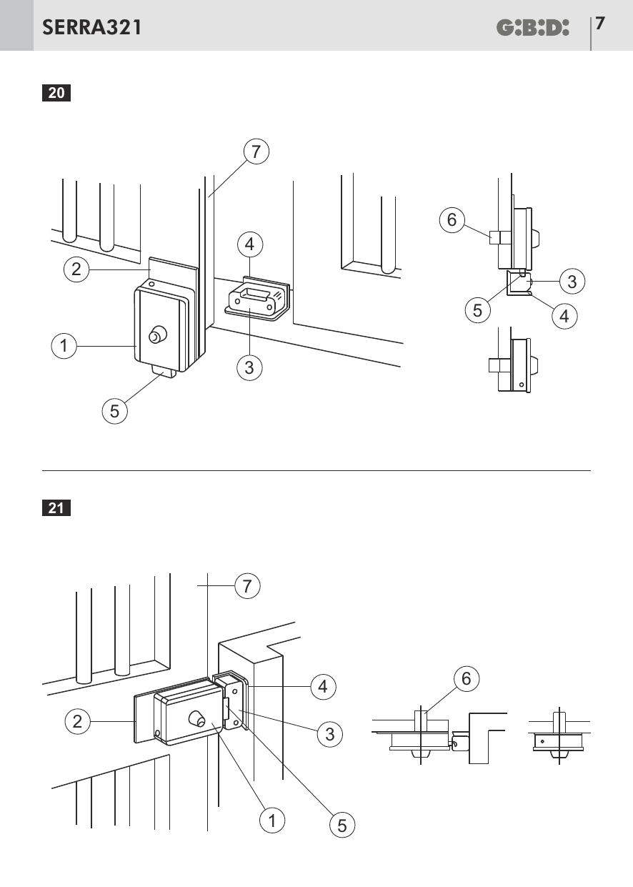 Schémas 20 et 21 : installation de l'électroserrure (1 électroserrure, 2 plaque de fixation, 3 gâche, 4 butée, 5 déclic, 6 cylindre passant, 7 portail).