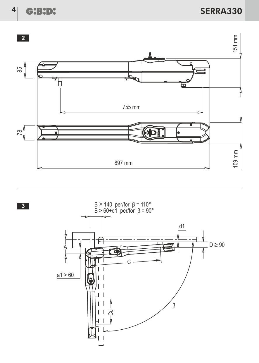 Schéma 2 – Dimensions de l'opérateur (897 mm hors-tout, 755 mm entraxe, hauteur 151 mm, 85 mm, profondeur 78 mm / 109 mm). Schéma 3 – Cotes d'installation A, B, C, D, Cu, d1, a1 et angle β.