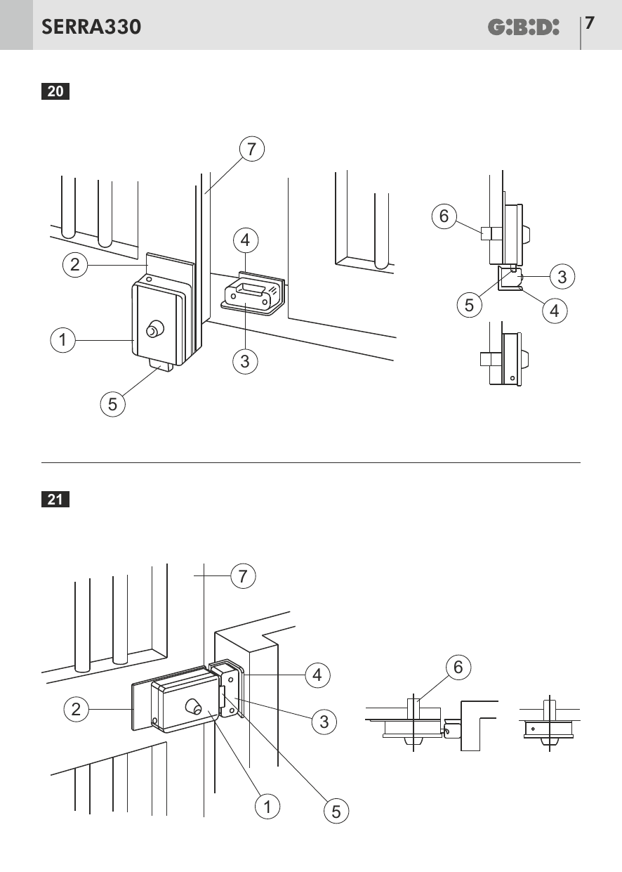 Schémas 20 et 21 – Montage de l'électroserrure, plaque de fixation, gâche, butée, déclic et cylindre passant sur le portail.