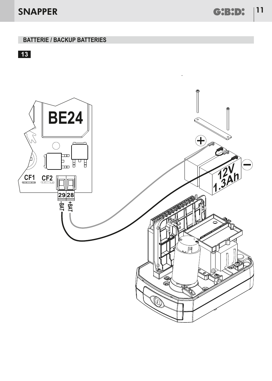 Raccordement de la batterie de secours 12 V 1,3 Ah aux bornes 28 (+BAT) et 29 (−BAT) de la carte BE24.