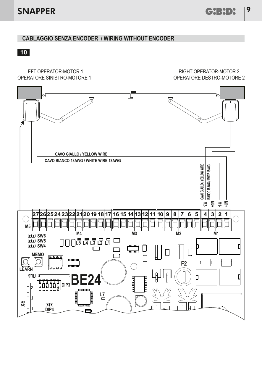 Câblage sans encodeur : raccordement des câbles jaune et blanc 18AWG pour les opérateurs gauche (moteur 1) et droit (moteur 2).