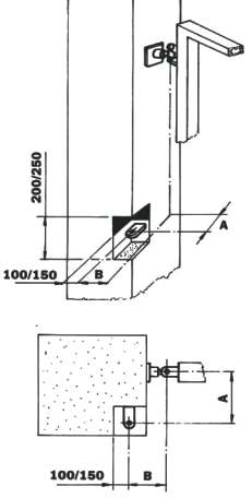 Schéma d'installation de l'opérateur sur un gros pilier ou un mur avec entaille et cotes 200/250 et 100/150
