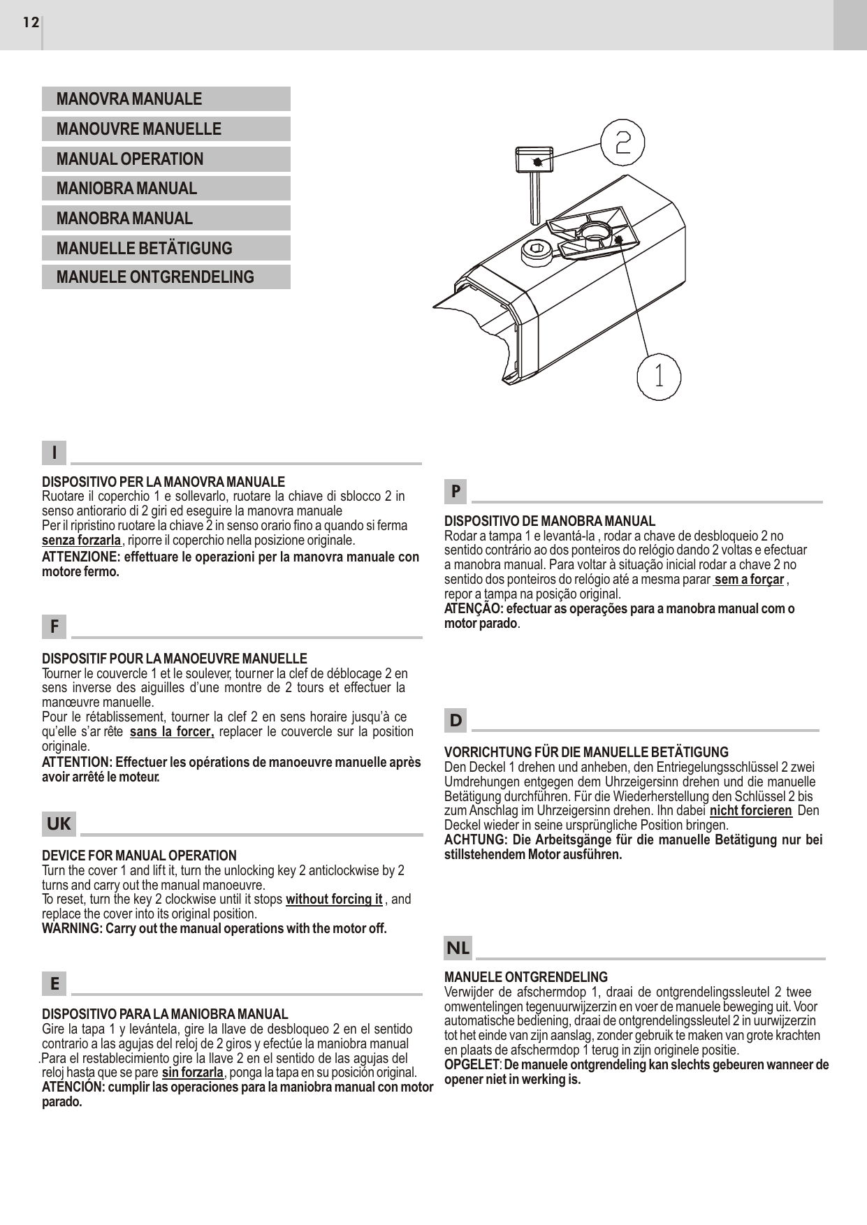 Dispositif de manœuvre manuelle : couvercle (1) et clé de déblocage (2)