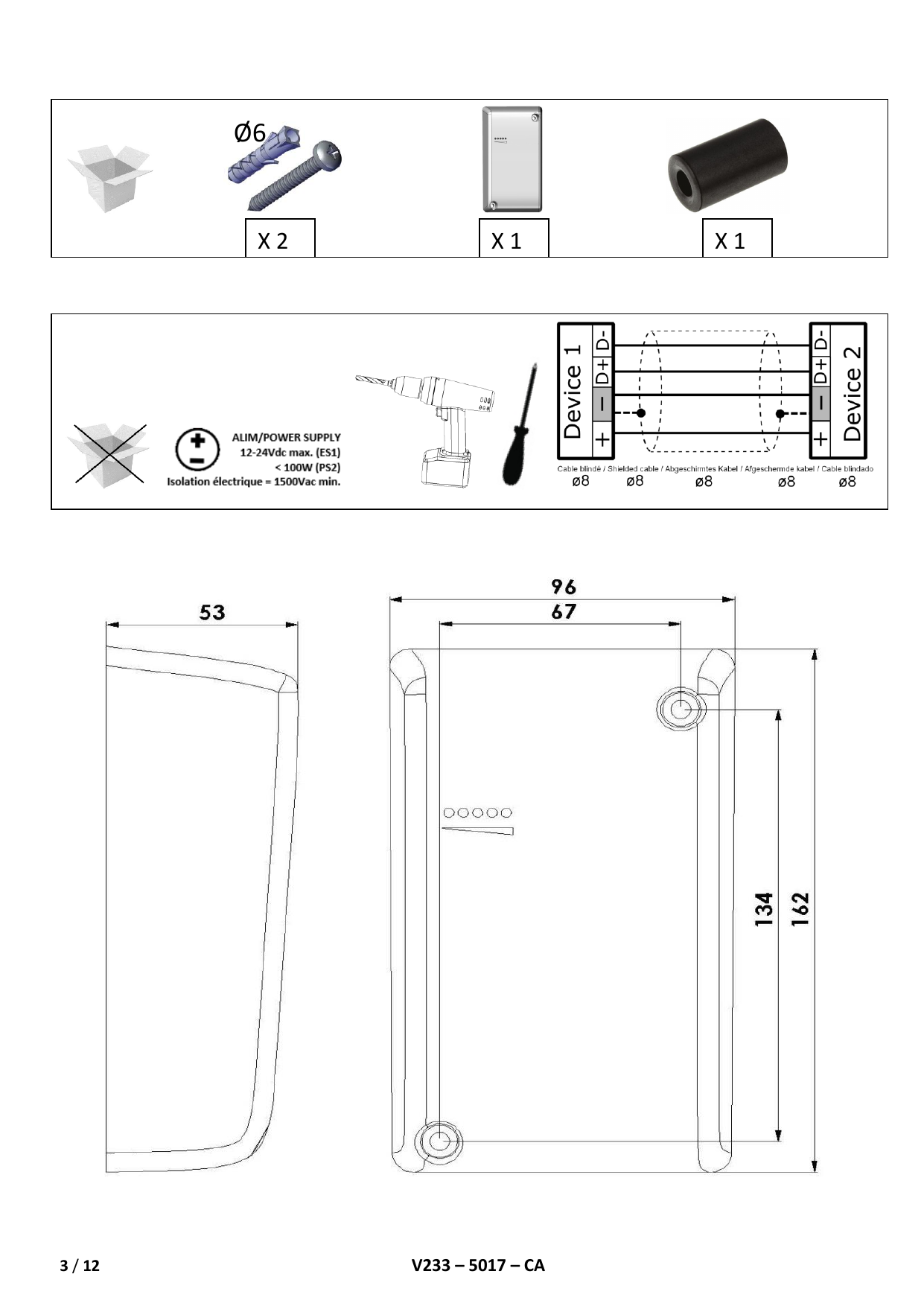 Schéma de câblage du bus entre Device 1 et Device 2 (câble blindé Ø8, bornes D+ / D−)