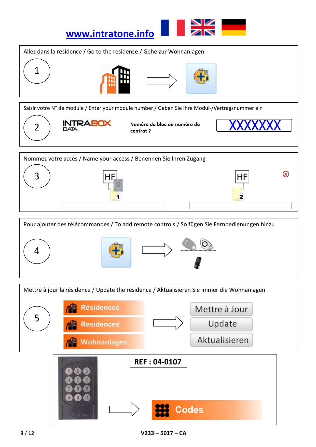 Étapes de configuration sur intratone.info (FR / EN / DE)