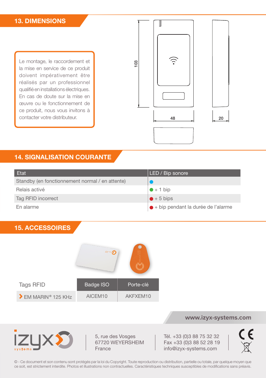 Schéma coté de l'appareil : hauteur 103 mm, largeur 48 mm, profondeur 20 mm