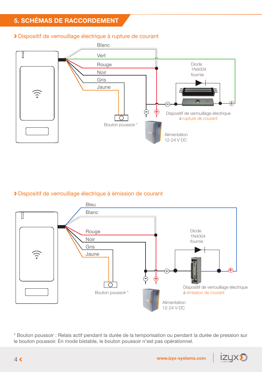 Schéma de raccordement d'un dispositif de verrouillage électrique à rupture de courant (ventouse), avec diode 1N4004 fournie, alimentation 12-24 V DC et bouton poussoir
