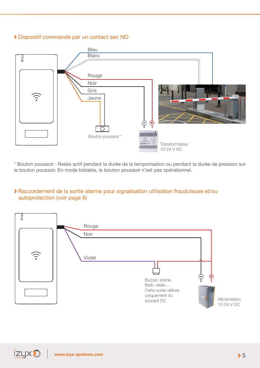 Schéma de raccordement d'un dispositif commandé par un contact sec NO (ex. barrière levante) via transformateur 12-24 V AC et alimentation 12-24 V DC