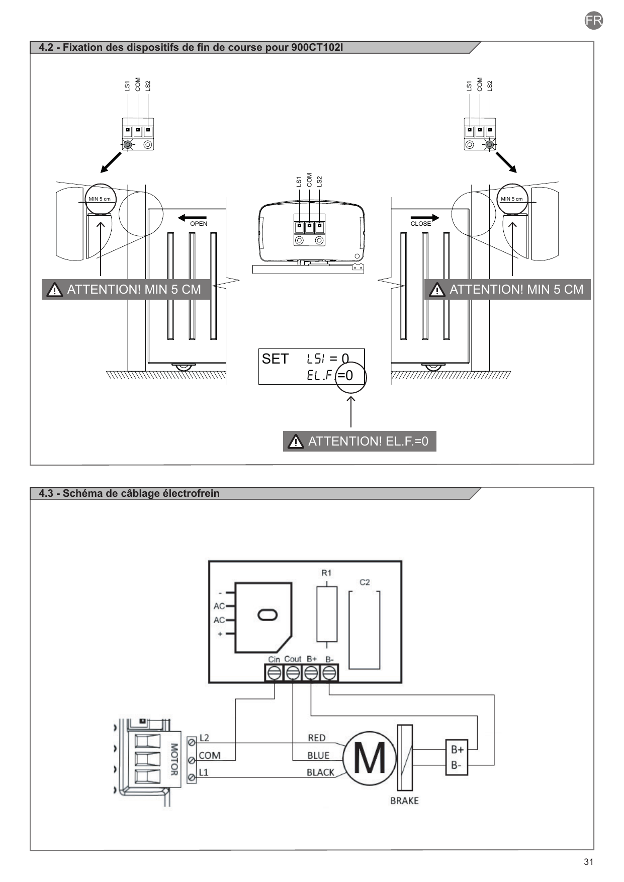 Fixation et positionnement des dispositifs de fin de course (OPEN / CLOSE) sur bornes LS1, COM, LS2 avec distance minimale de 5 cm