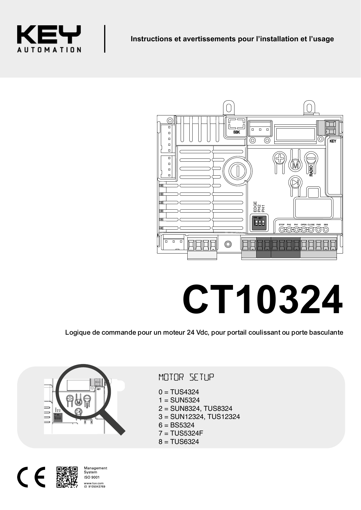 Vue de la logique de commande CT10324 avec identification des connecteurs (STOP, PH2, PH1, OPEN, CLOSE, PAR, SBS) et dip-switch EDGE/PH2/PH1