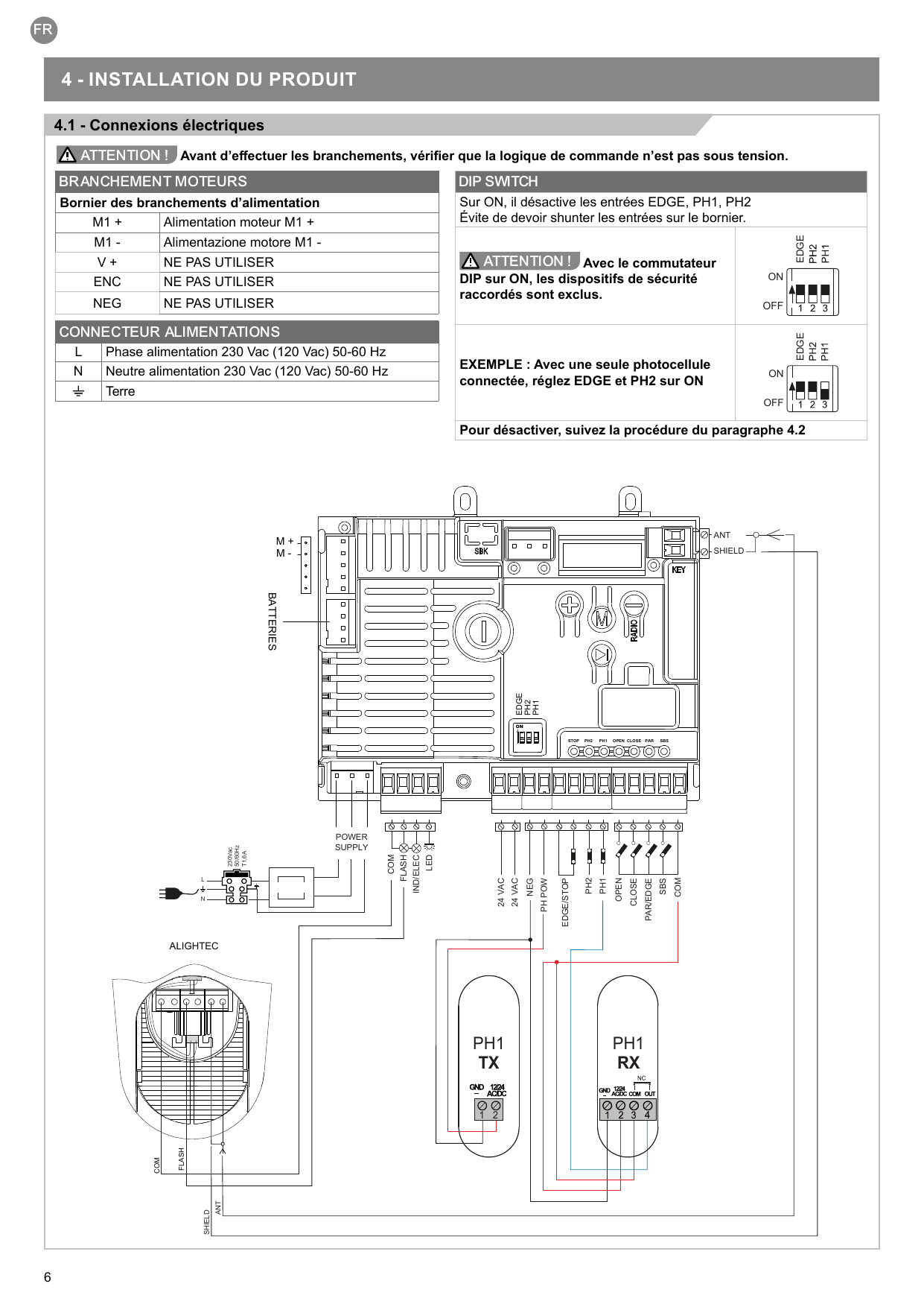 Schéma de câblage général : alimentation, moteur, clignotant ALIGHTEC, photocellules PH1 (TX/RX), antenne