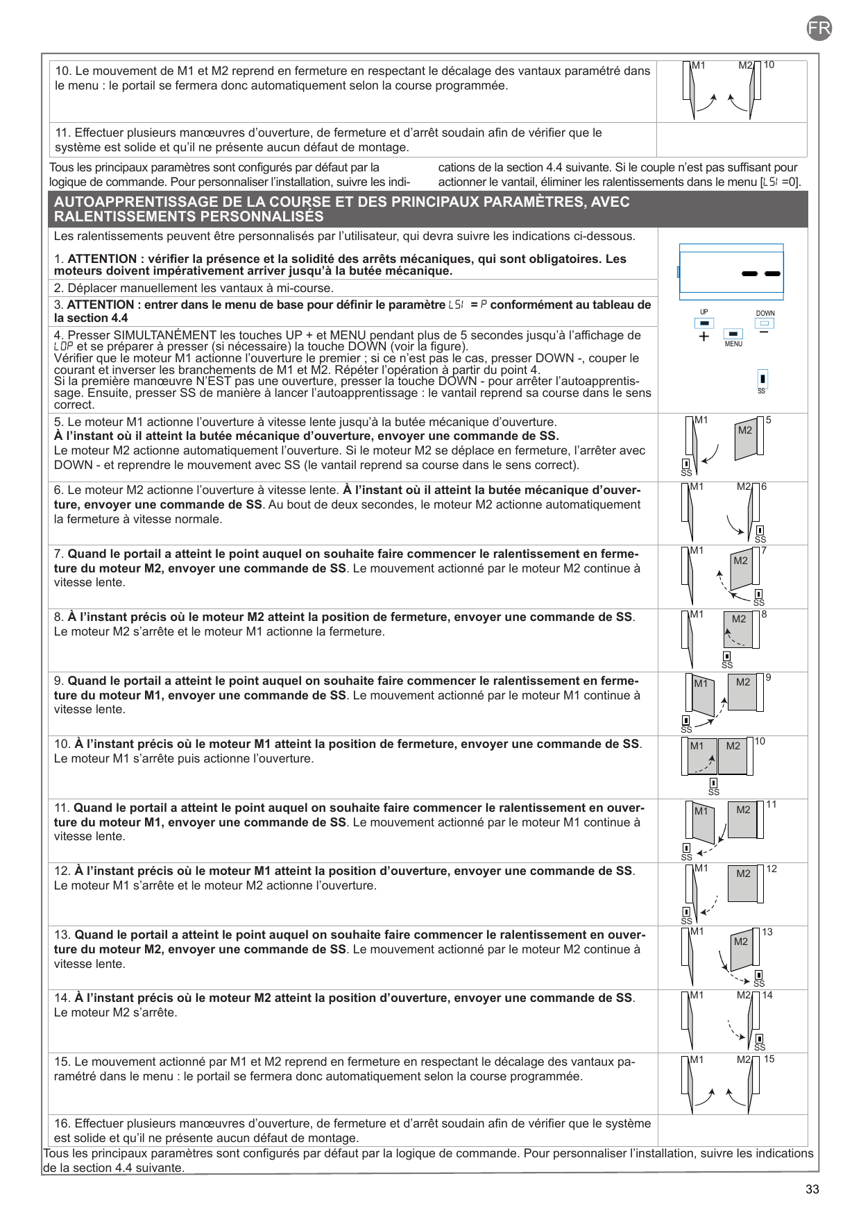 Séquence illustrée de l'autoapprentissage avec ralentissements personnalisés (mouvements des moteurs M1 et M2, touches UP/SS/DOWN/MENU)