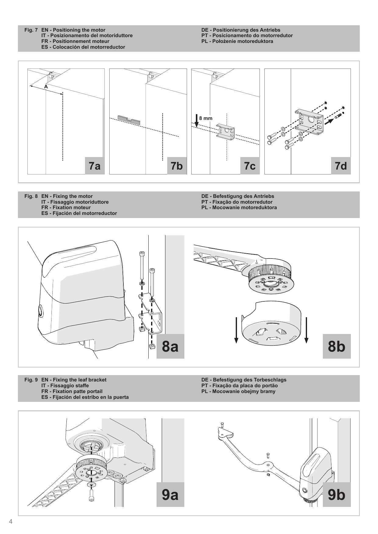 Positionnement du moteur : tracé des cotes, ligne horizontale, étrier de fixation murale (8 mm sous la ligne) et fixation par chevilles