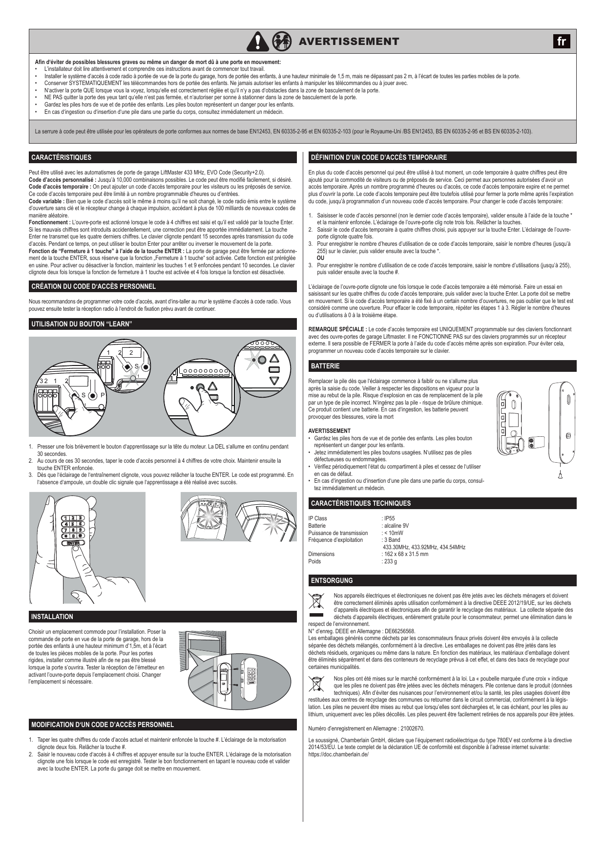 Schéma du raccordement et de la tête du moteur avec le bouton d’apprentissage (LEARN) et la DEL