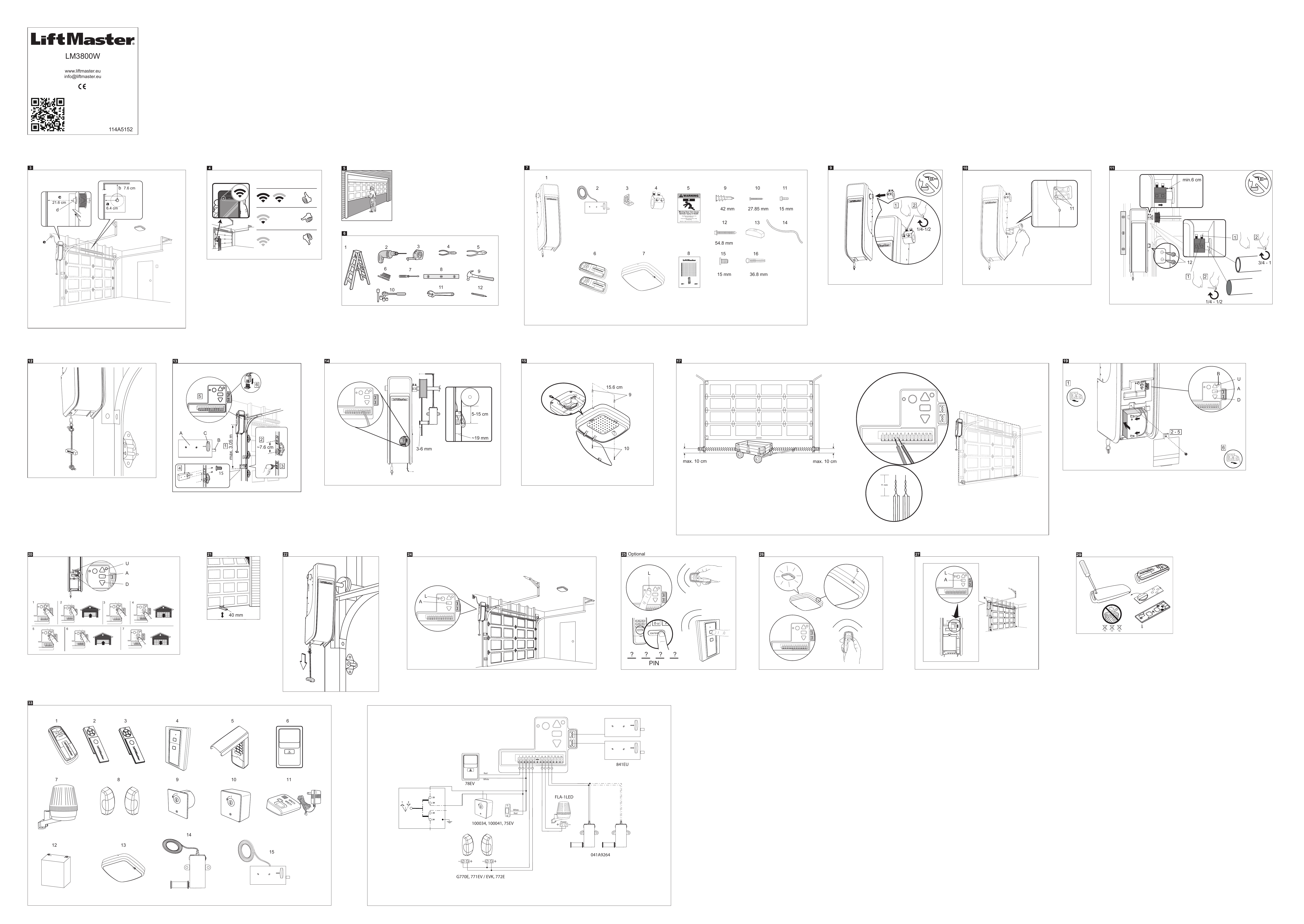 Planches d'illustration : planification (cotes a-e), outils, contenu de l'emballage, montage du collet et de la console, fixation du capteur de tension de câble, cellules photoélectriques, branchements et schéma de câblage électrique du LM3800W.