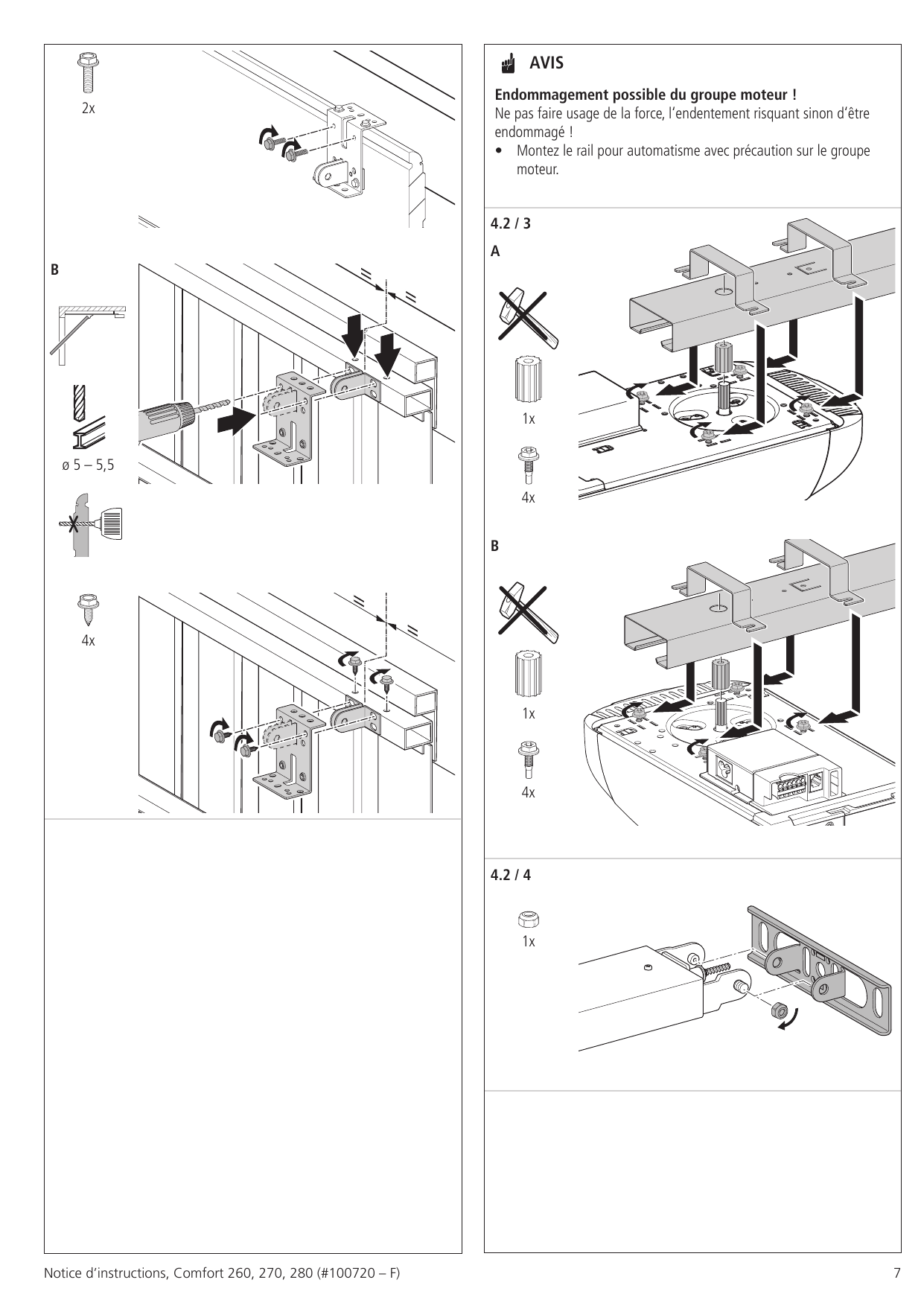 Schémas 4.2/3 et 4.2/4 : Assemblage du rail sur le groupe moteur (variantes A et B)