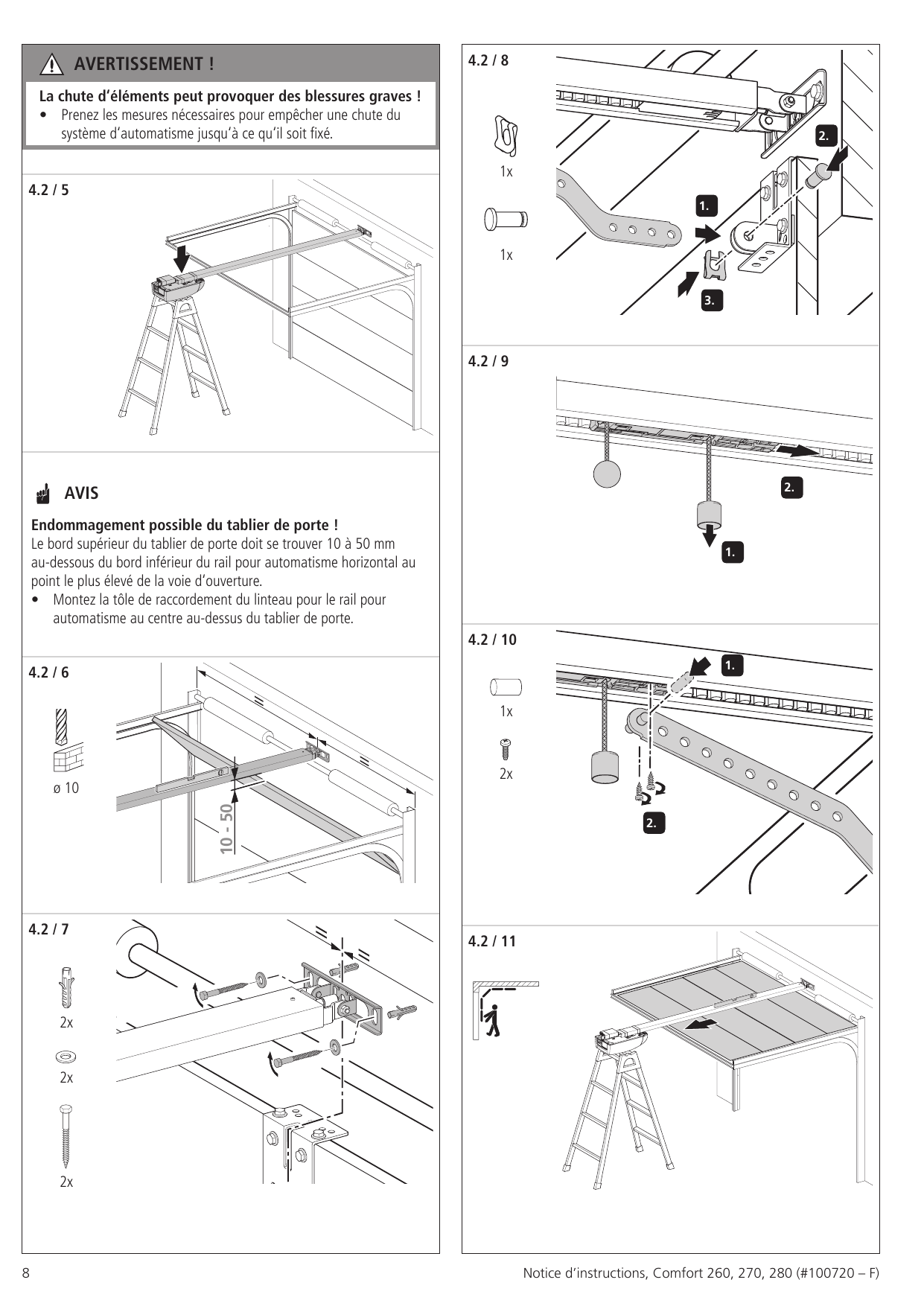 4.2/5 à 4.2/11 — Étapes de montage : positionnement de l'automatisme, fixation de la tôle de linteau (10 – 50 mm, ø 10), assemblage des ferrures et fixation