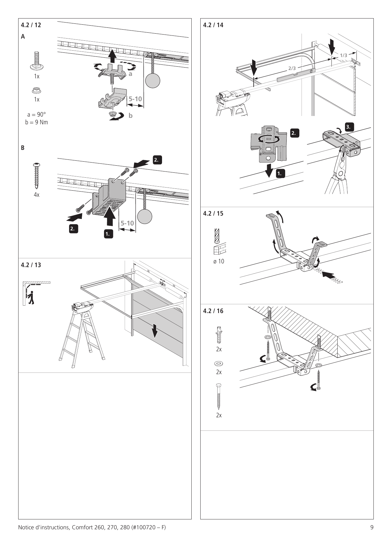 4.2/12 à 4.2/16 — Réglage du chariot (a = 90°, b = 9 Nm), fixation au plafond (ø 10) et suspension du rail