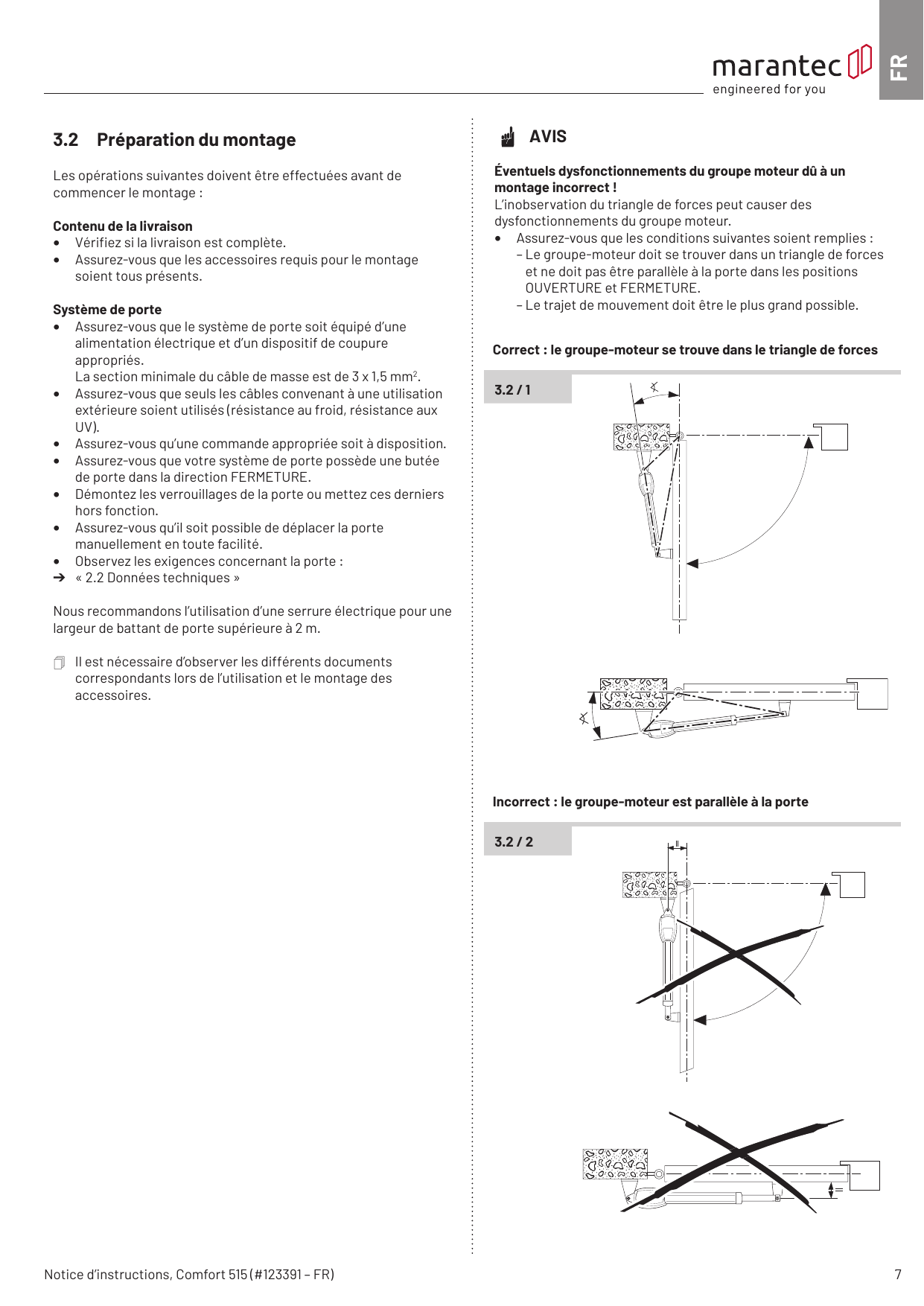 Correct : le groupe-moteur se trouve dans le triangle de forces / Incorrect : le groupe-moteur est parallèle à la porte