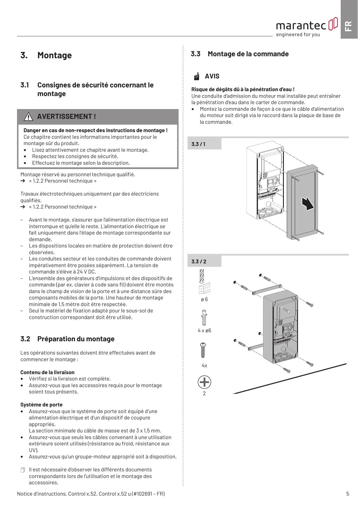 Schémas de montage de la commande : ouverture du carter, perçage ø 6, 4 chevilles ø6, 4 vis, fixation murale (3.3/1 et 3.3/2).
