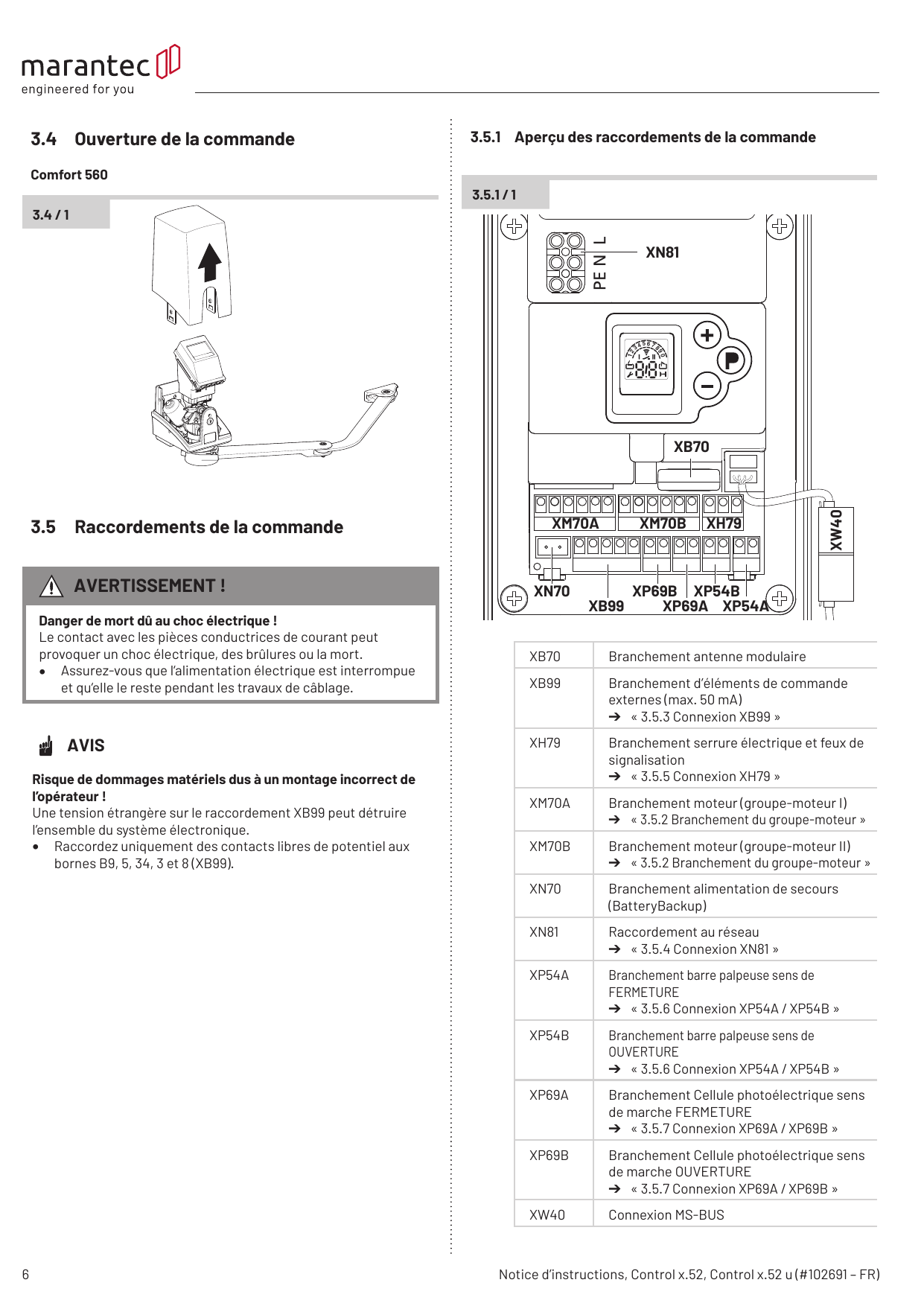 Comfort 560 — ouverture du capot de la commande (3.4/1).