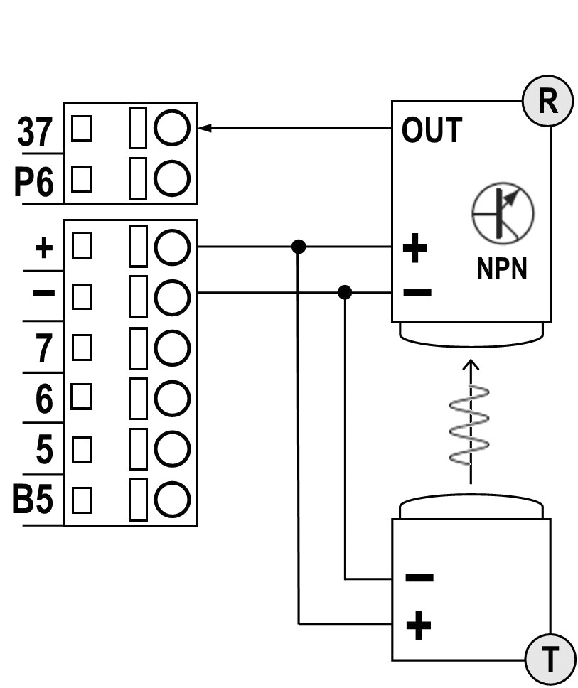 Schéma de câblage cellule photoélectrique NPN 3 fils : récepteur R avec sortie OUT transistor NPN vers borne 37, émetteur T, bornes +, −