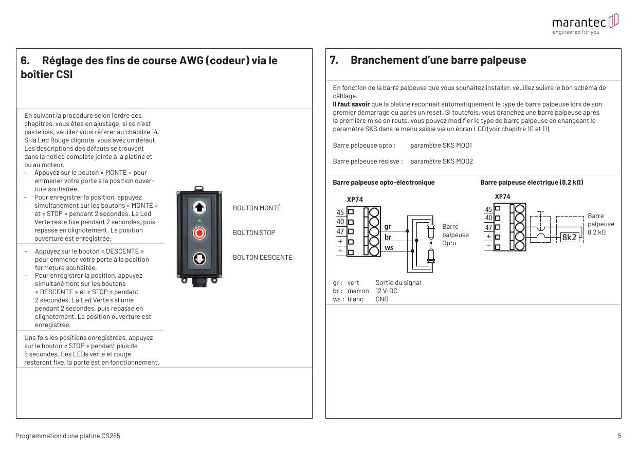 Schéma de câblage barre palpeuse opto-électronique sur bornier XP74 (45, 40, 47, +, −)