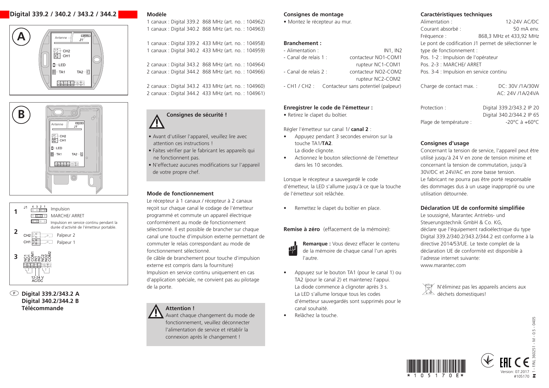 Schéma du récepteur Digital 339.2/343.2 (version A) : antenne, J1, CH1/CH2, LED, touches TA1/TA2