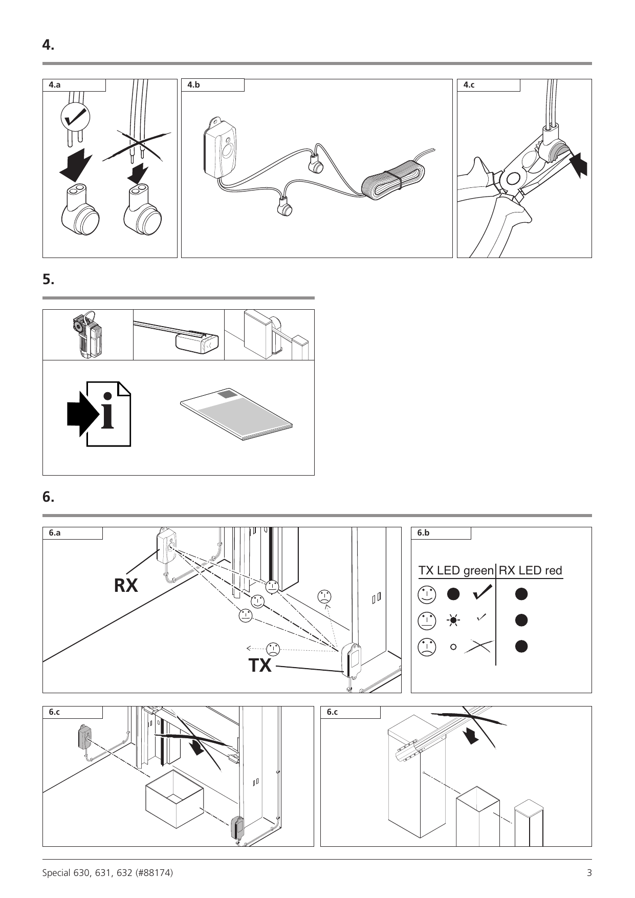 4.a–4.c Insertion correcte des fils dans les connecteurs et sertissage à la pince.