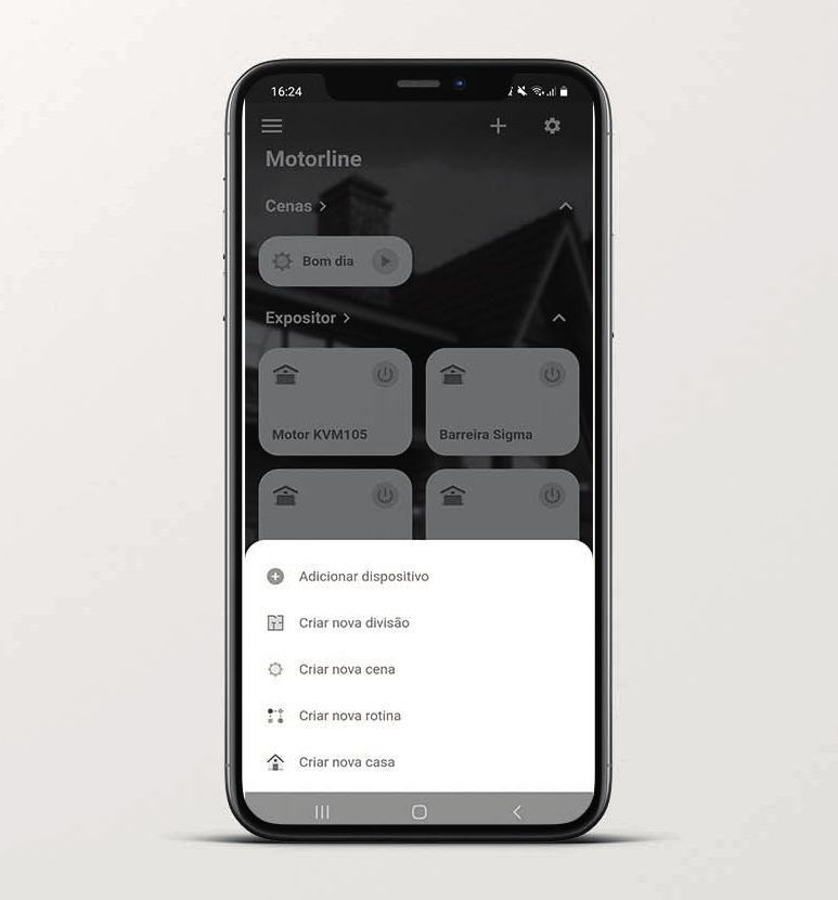 Écran de l'application MCONNECT affichant le menu d'ajout : Adicionar dispositivo, Criar nova divisão, Criar nova cena, Criar nova rotina, Criar nova casa