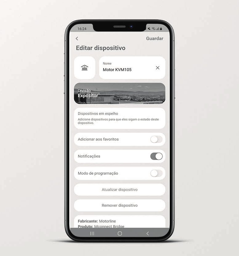 Écran Editar dispositivo de l'application MCONNECT avec les options Atualizar dispositivo et Remover dispositivo