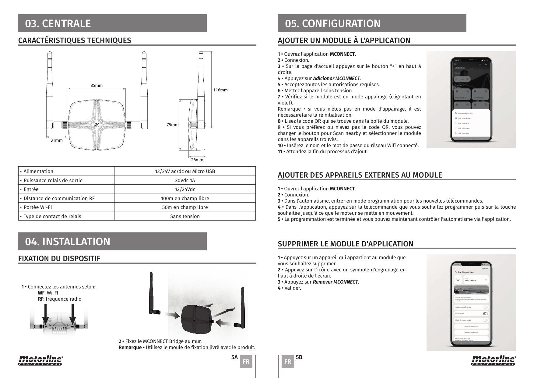 Dimensions du MCONNECT BRIDGE : 85 mm, 31 mm, 116 mm, 75 mm, 26 mm.