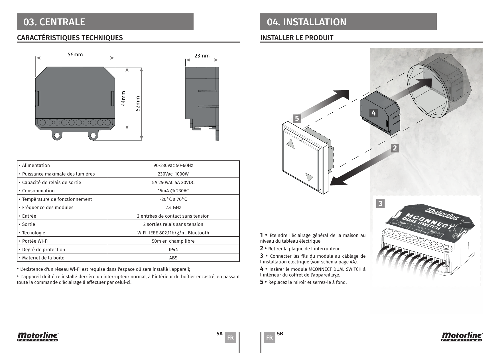 Dimensions du module : 56 mm (largeur) × 52 mm (hauteur) × 23 mm (profondeur), corps 44 mm.