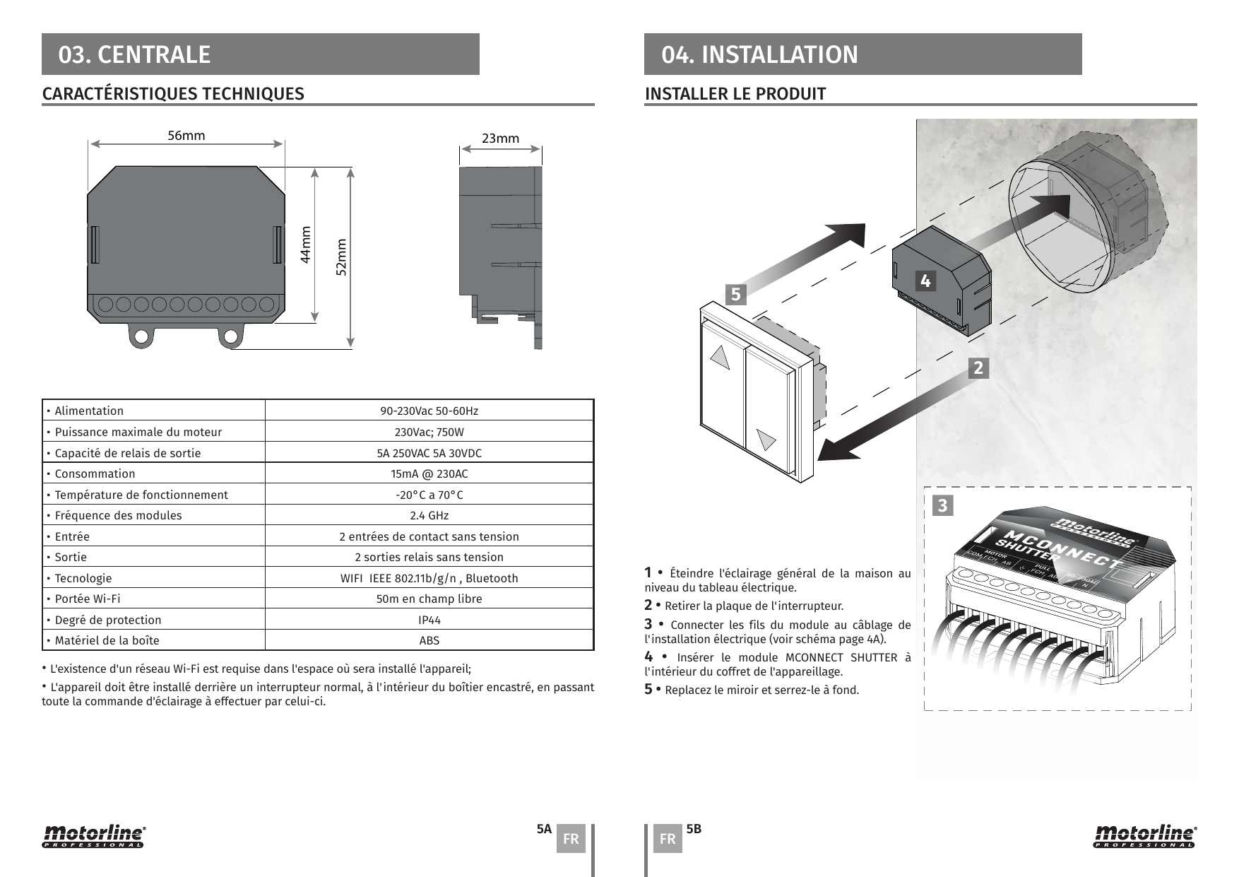 Dimensions du module MCONNECT SHUTTER : 56 mm × 44 mm × 52 mm (profondeur 23 mm).