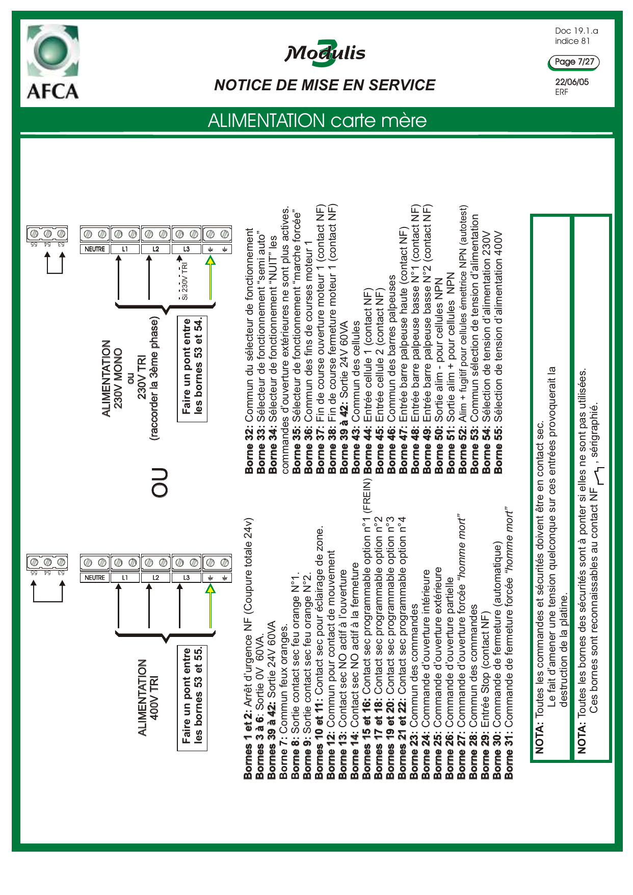 Schéma d'alimentation de la carte mère : alimentation 400V TRI, 230V MONO ou 230V TRI, pontages des bornes 53/54/55.