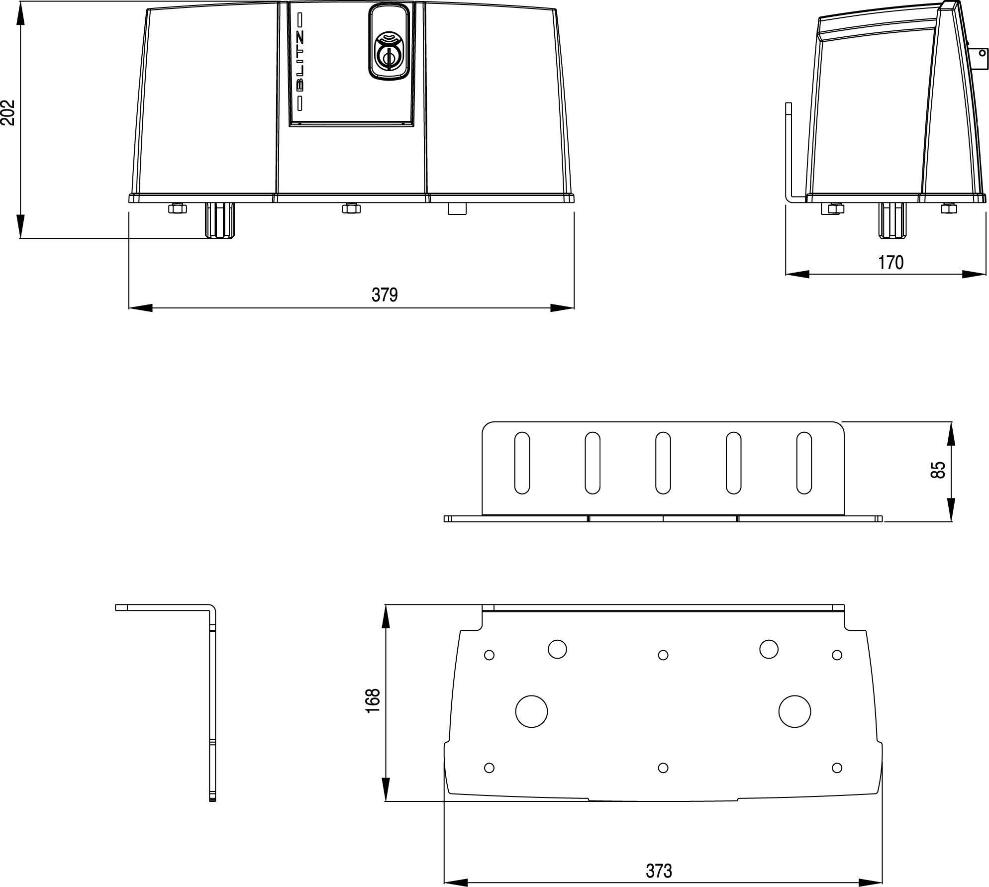 Dimensions de l'opérateur BLITZ et des plaques de fixation : 202 mm de hauteur, 379 mm de largeur, 170 mm de profondeur ; plaque support 373 x 168 mm, hauteur 85 mm