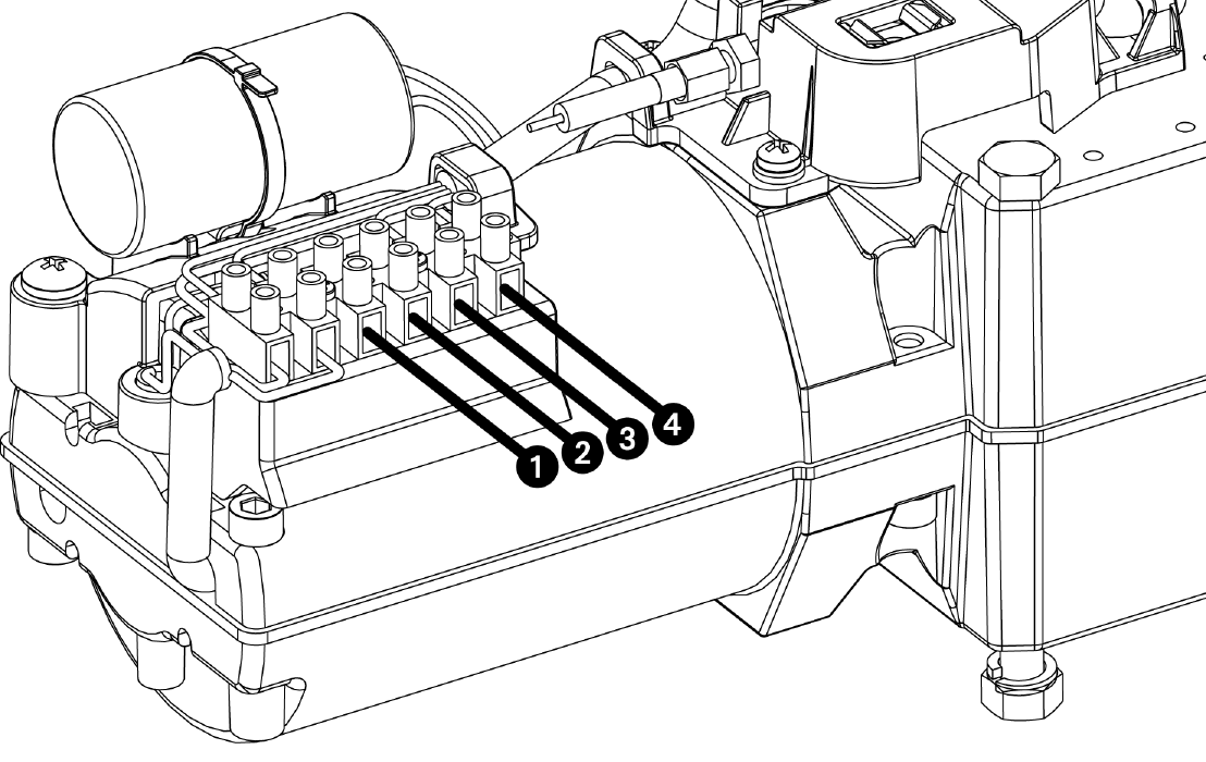 Bornier de connexion des modèles BLITZ-230V / BLITZ-120V avec quatre bornes repérées 1 à 4