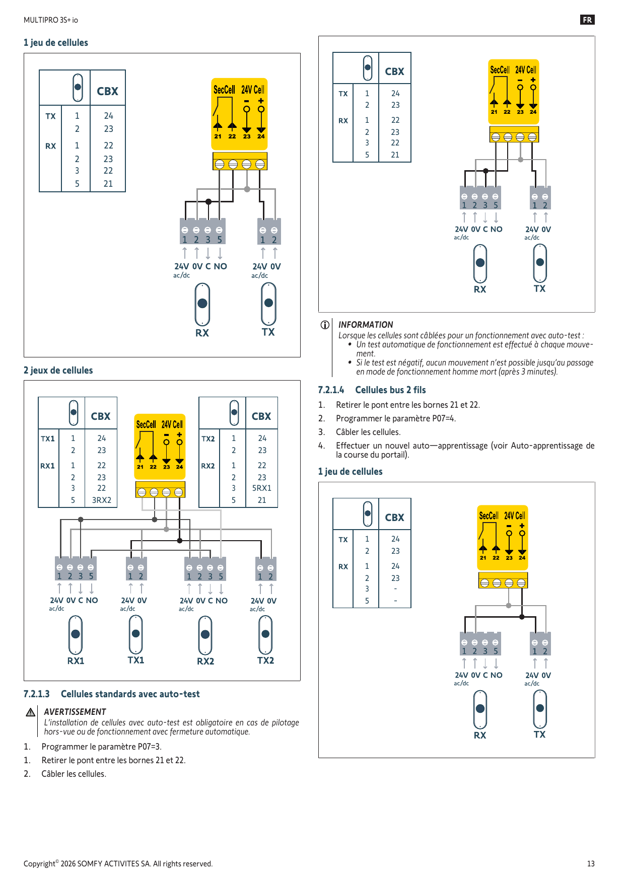 Schéma de câblage : 1 jeu et 2 jeux de cellules standards (bornes CBX 21-24)