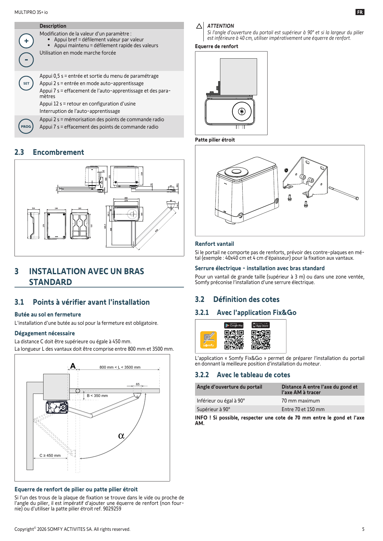 Dimensions et encombrement du moteur, de l'armoire de commande et du bras