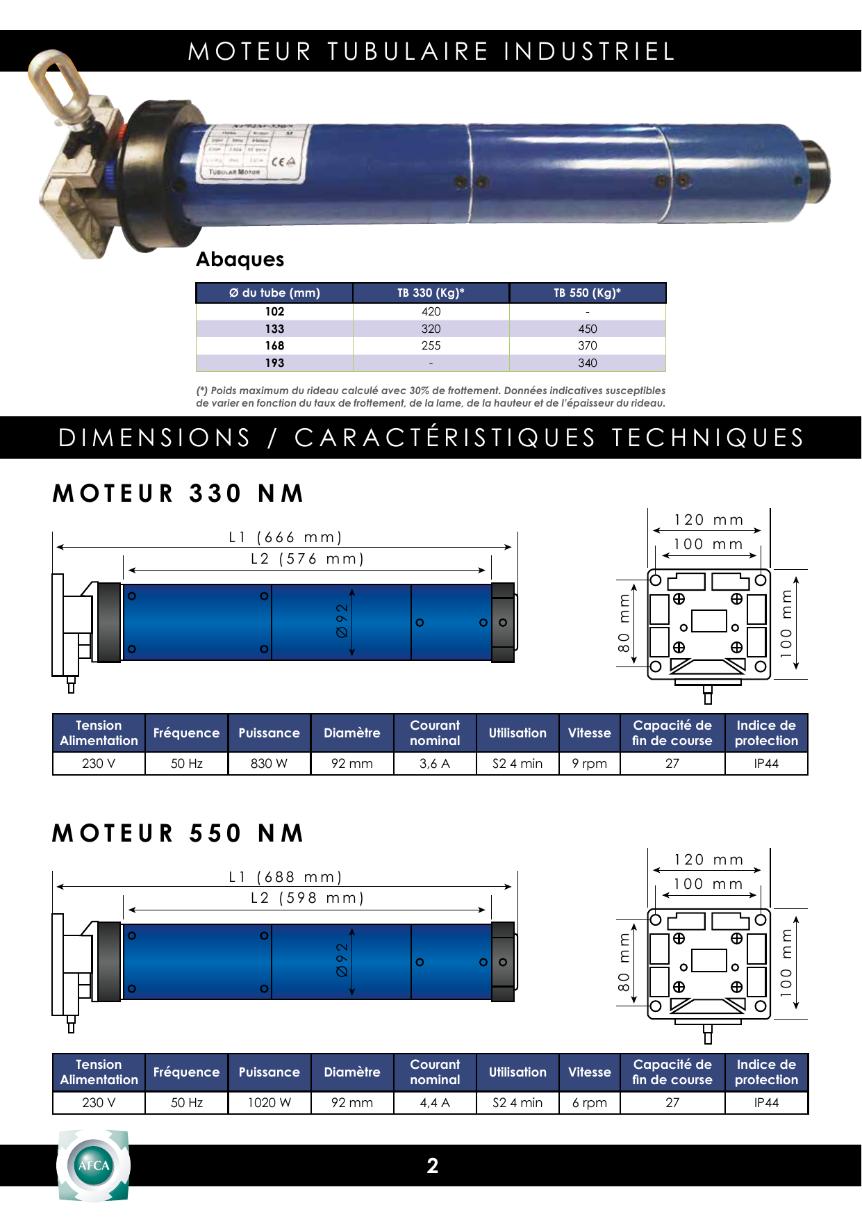 Schéma dimensionnel du moteur 330 NM et de sa platine de fixation