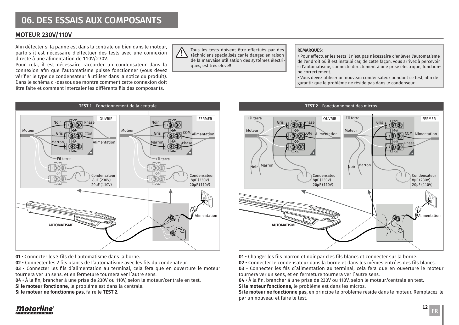 Schéma de connexion directe du moteur 230V/110V à l'alimentation avec condensateur (ouvrir/fermer)