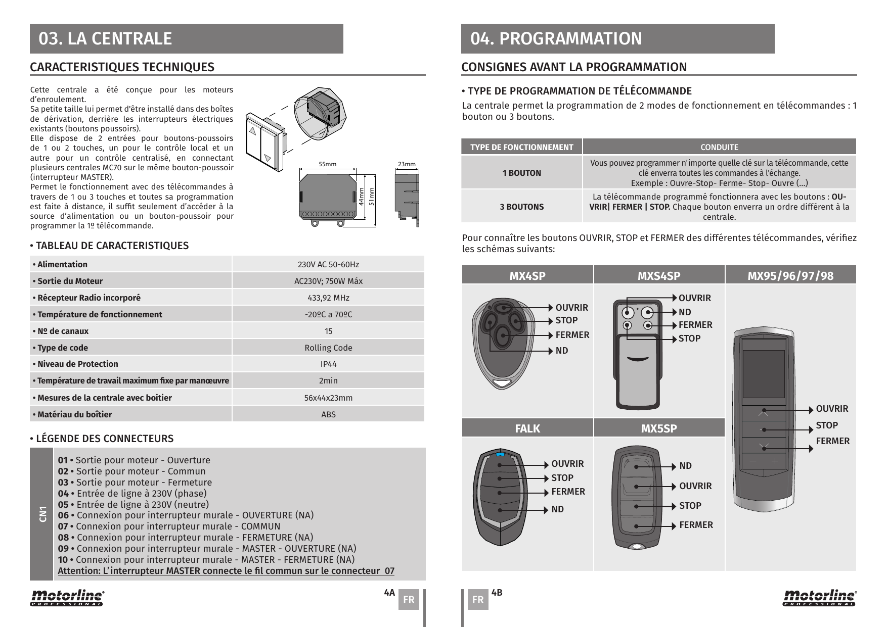 Dimensions de la centrale avec boîtier : 55 mm, 44 mm, 51 mm, 23 mm.
