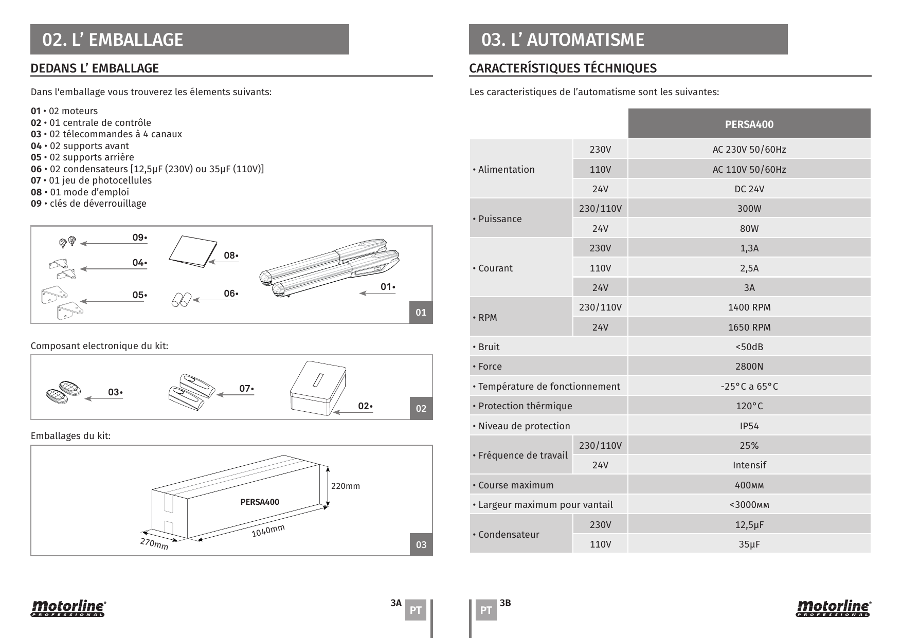 Contenu de l'emballage : moteurs (01), supports avant (04) et arrière (05), condensateurs (06), mode d'emploi (08), clés de déverrouillage (09)