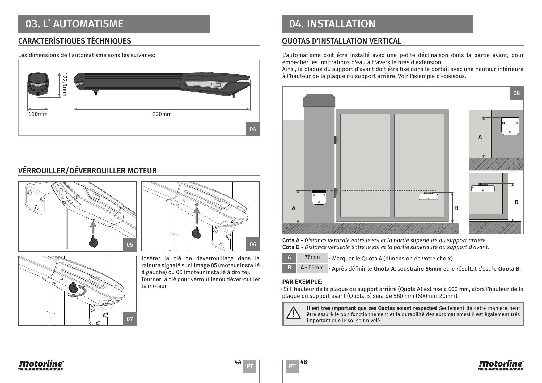 Dimensions de l'automatisme : longueur 920mm, hauteur 122,5mm, largeur 110mm