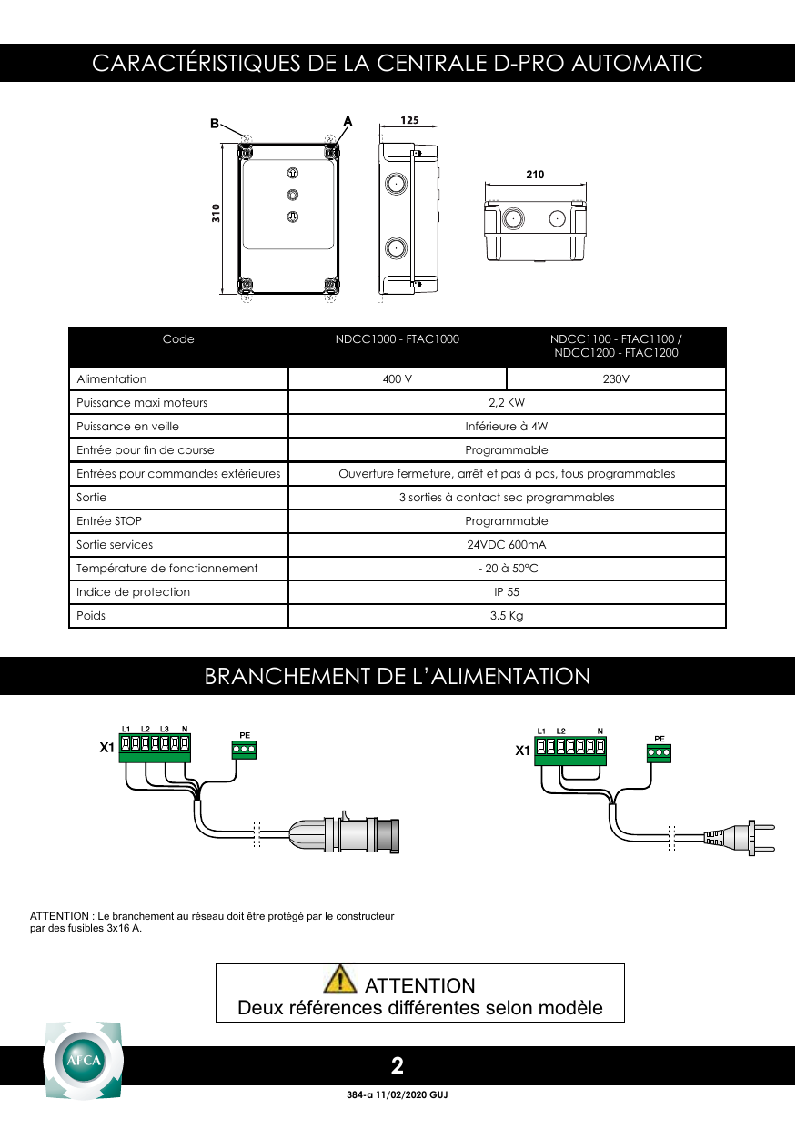 Dimensions du boîtier : hauteur 310 mm, largeur 210 mm, profondeur 125 mm